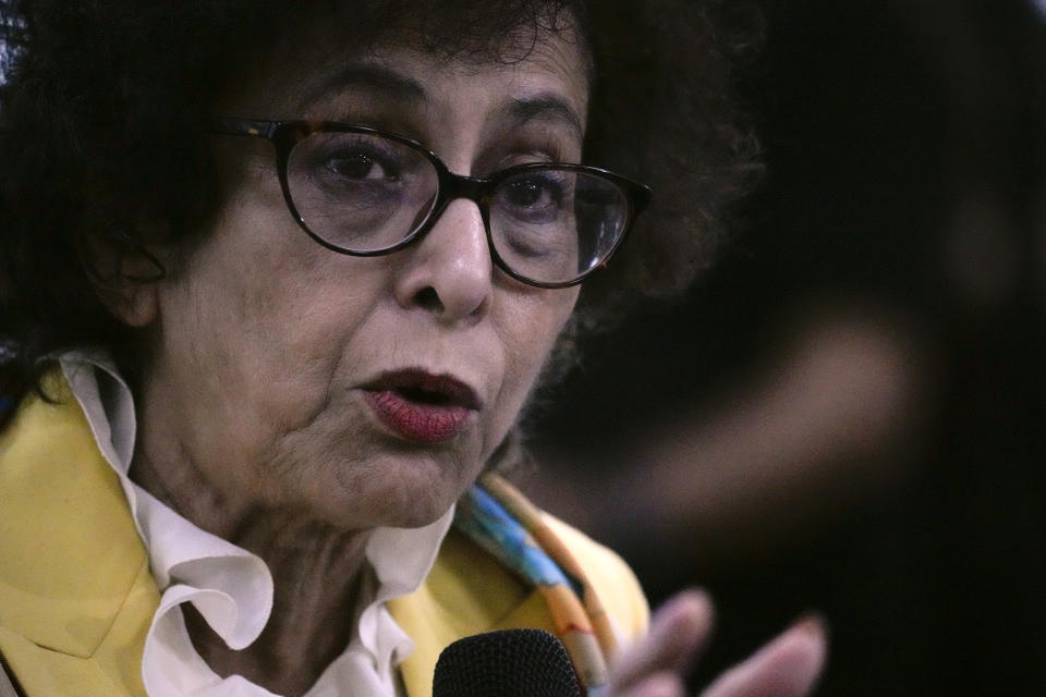 United Nations Special Rapporteur on Freedom of Opinion and Expression Irene Khan gestures during a press conference in Mandaluyong, Philippines on Friday Feb. 2, 2024. A United Nations expert said Friday that steps have been taken under Philippine President Ferdinand Marcos Jr. to deal with human rights atrocities, like the killings of journalists and rights defenders, but added that much more need to be done like ensuring accountability. (AP Photo/Aaron Favila)