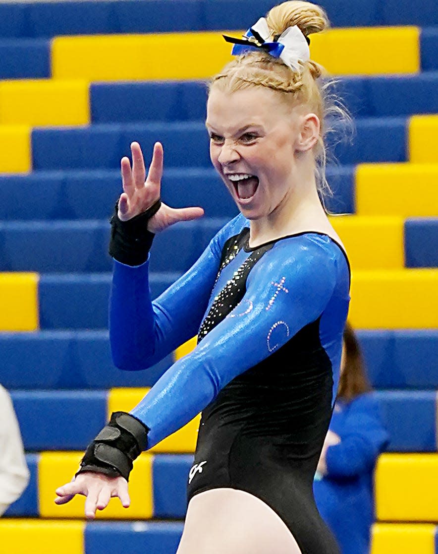 Sioux Falls O'Gorman's Audrey Meyer performs in the floor exercise during the 2023 South Dakota State High School Gymnastics Championships on Friday, Feb. 10, 2023 at Aberdeen Central High School.