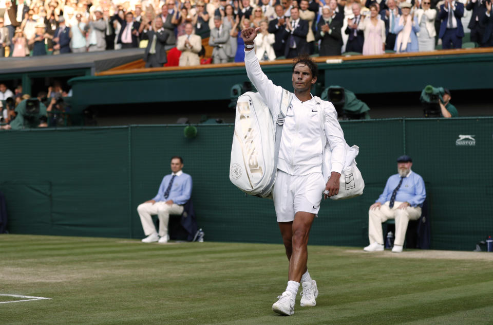 Rafael Nadal waves to the centre court crowd following defeat on day eleven of the Wimbledon Championships at the All England Lawn Tennis and Croquet Club, Wimbledon. (Photo by Adrian Dennis/PA Images via Getty Images)