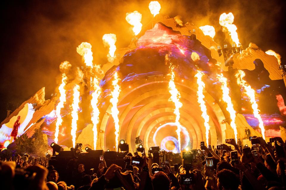 Travis Scott performs at the Astroworld music festival at NRG Park in Houston on Nov. 5, 2021.