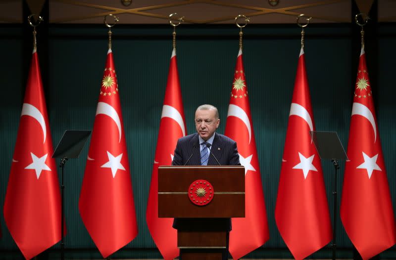 Turkish President Tayyip Erdogan gives a statement after a cabinet meeting in Ankara