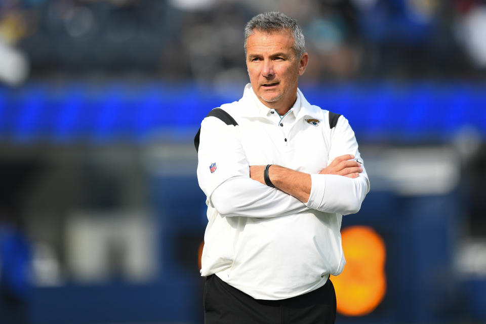 INGLEWOOD, CA - DECEMBER 05: Jacksonville Jaguars head coach Urban Meyer looks on before the NFL game between the Jacksonville Jaguars and the Los Angeles Rams on December 5, 2021, at SoFi Stadium in Inglewood, CA. (Photo by Brian Rothmuller/Icon Sportswire via Getty Images)