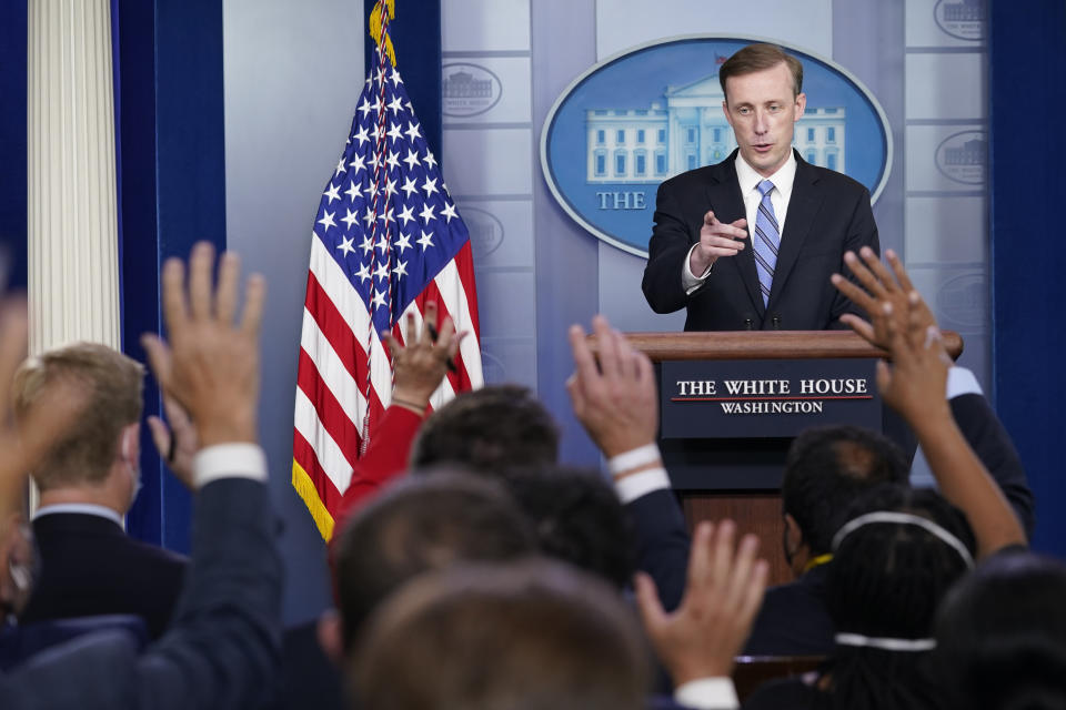 White House national security adviser Jake Sullivan speaks during the daily briefing at the White House in Washington, Monday, Aug. 23, 2021. (AP Photo/Susan Walsh)