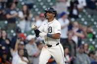 Detroit Tigers' Wenceel Pérez rounds the gases after his two-run home run during the fifth inning in the second game of a baseball doubleheader against the St. Louis Cardinals, Tuesday, April 30, 2024, in Detroit. (AP Photo/Carlos Osorio)