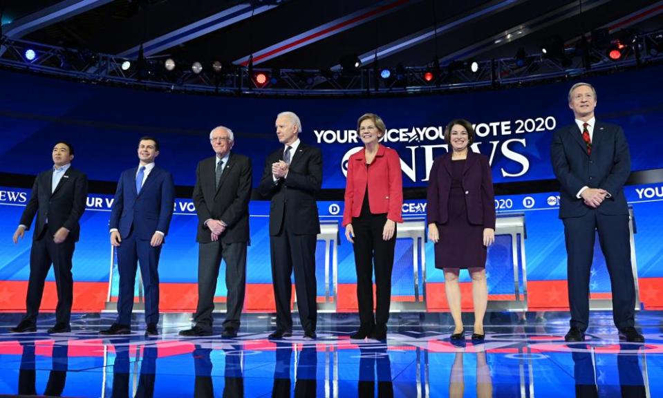 Democratic presidential candidates Andrew Yang, Pete Buttigieg, Bernie Sanders, Joe Biden, Elizabeth Warren, Amy Klobuchar and Tom Steyer