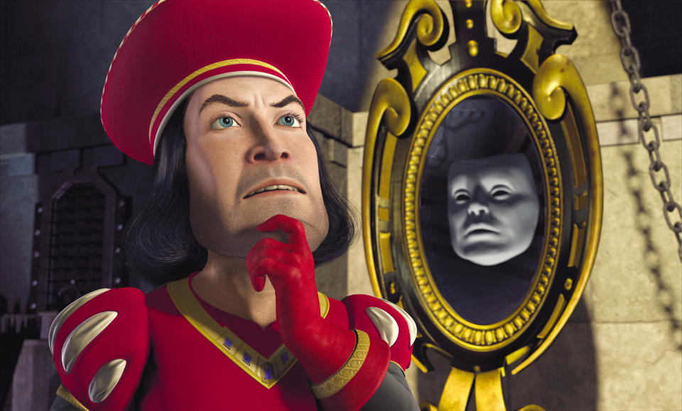Lord Farquaad who rocks a bob-like hairstyle that's parted down the middle