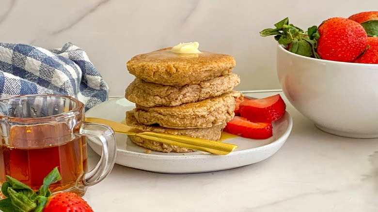 oatmeal pancake stack with strawberries