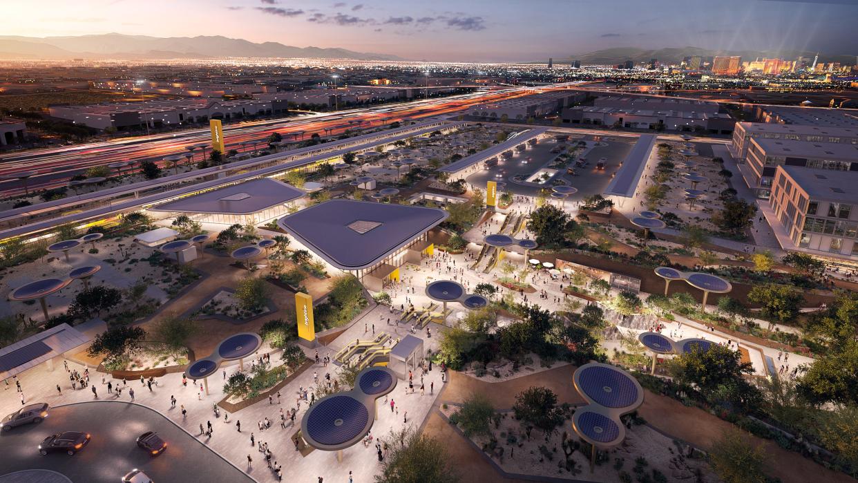 Handout image showing renderings of the Brightline West terminal in Las Vegas.