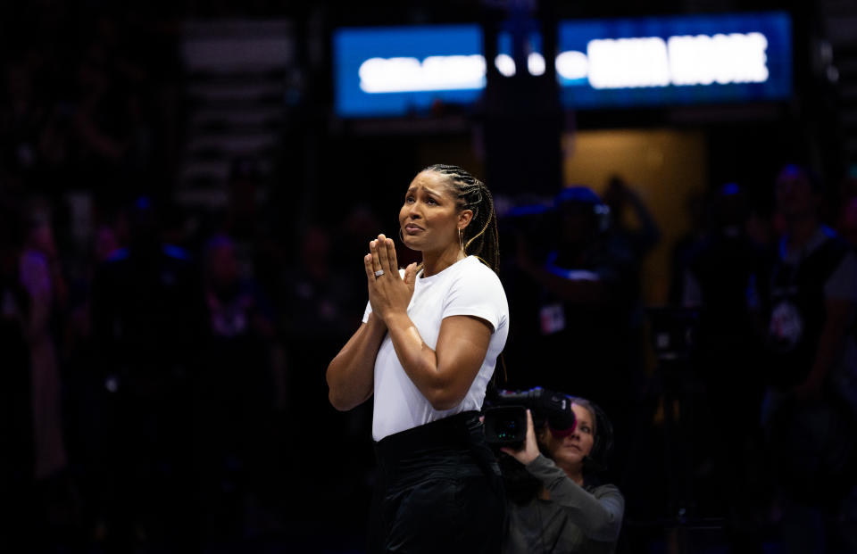 MINNEAPOLIS, MINNESOTA - AUGUST 24: Former Minnesota Lynx player Maya Moore looks on as her number is retired during a ceremony after the game between the Minnesota Lynx and Indiana Fever at Target Center on August 24, 2024 in Minneapolis, Minnesota. NOTE TO USER: User expressly acknowledges and agrees that, by downloading and or using this photograph, User is consenting to the terms and conditions of the Getty Images License Agreement. (Photo by Stephen Maturen/Getty Images)