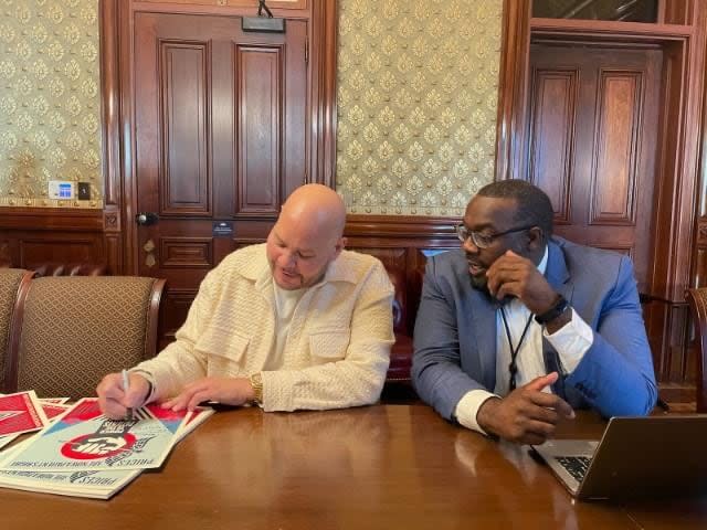 Trey Baker, White House senior advisor at the Office of Public Engagement, with rapper Fat Joe. (Photo: Courtesy of Trey Baker/White House)