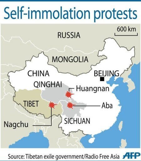 Graphic showing the areas where six Tibetans set themselves on fire in China, according to the Tibetan exile government and Radio Free Asia