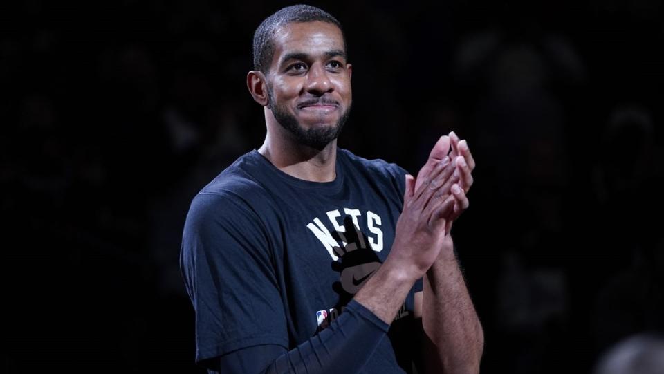 Jan 21, 2022; San Antonio, Texas, USA; Brooklyn Nets center LaMarcus Aldridge (21) thanks the San Antonio crowd during a tribute before the game against the San Antonio Spurs at the AT&T Center.