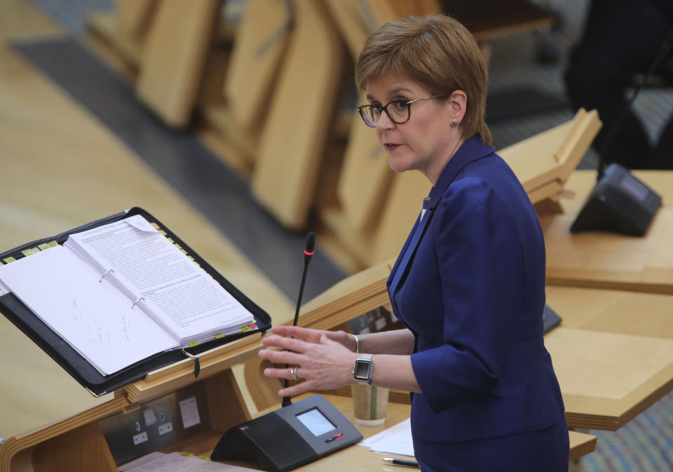 Scotland's First Minister Nicola Sturgeon during First Minster's Questions (FMQ's) in the debating chamber of the Scottish Parliament in Edinburgh.