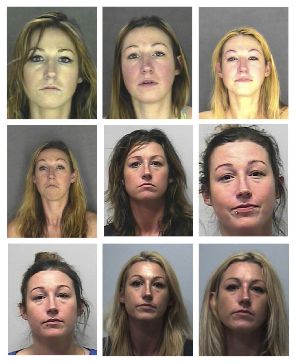 This combination of jail booking photos ranging from Dec. 26, 2013 to Oct. 9, 2018, starting from top left to right, provided by the Thurston County Sheriff's Office shows Jamie Cline, of Olympia, Wash. Every time she got out of jail, Cline started hustling again for heroin, driven by an addiction she didn’t understand. “You want to get clean so bad. You know something’s killing you and you can’t stop,” said the 33-year-old who had used heroin for 10 years. (Thurston County Sheriff's Office via AP)