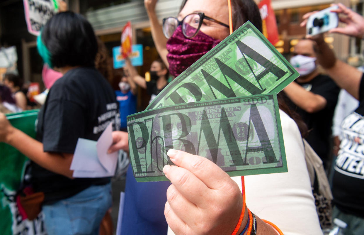 Demonstrators protest pharma companies' lobbying against allowing Medicare to negotiate lower prescription drug prices in Washington, DC, September 21, 2021. (Photo by SAUL LOEB/AFP)