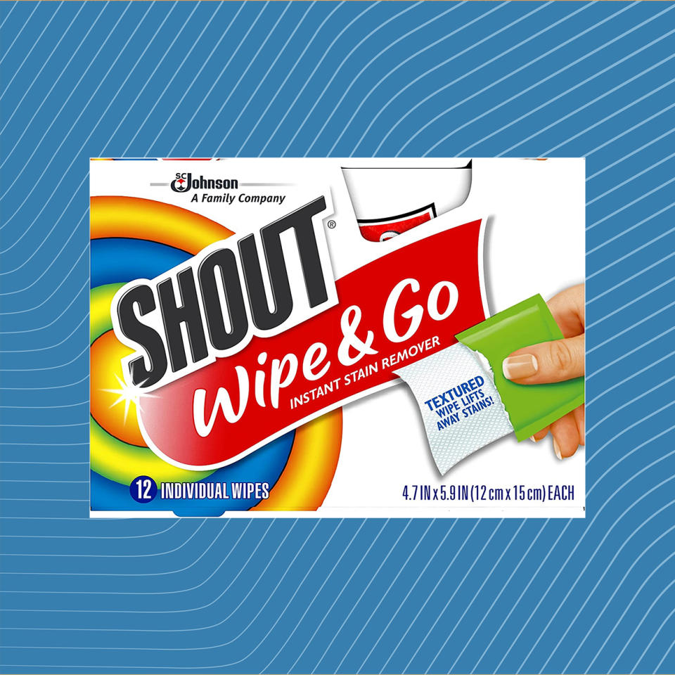 Shout To-Go Wipes over blue background