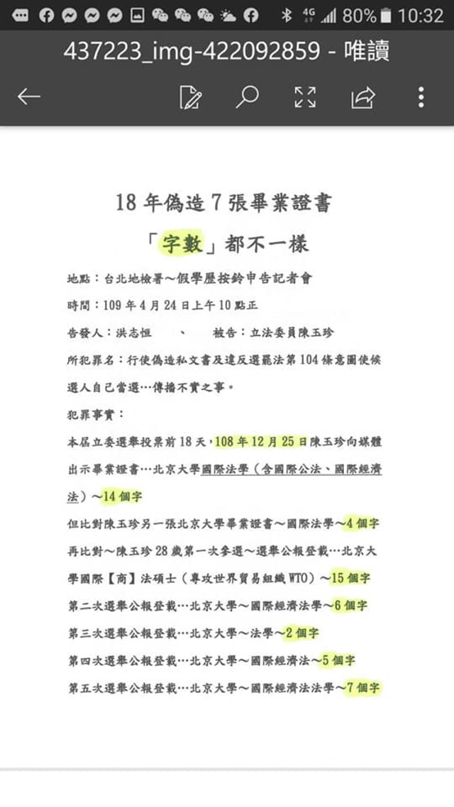 金門高粱黨主席洪志恒今(24)日指控國民黨立委陳玉珍每次登載的學歷字數都不同(翻攝洪志恒臉書)