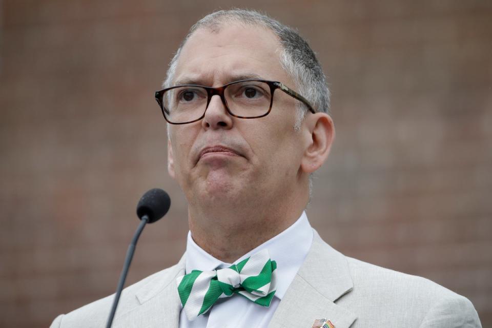 Jim Obergefell speaks during the National LGBT 50th Anniversary Ceremony, July 4, 2015, in front of Independence Hall in Philadelphia. (Copyright 2022 The Associated Press. All rights reserved.)