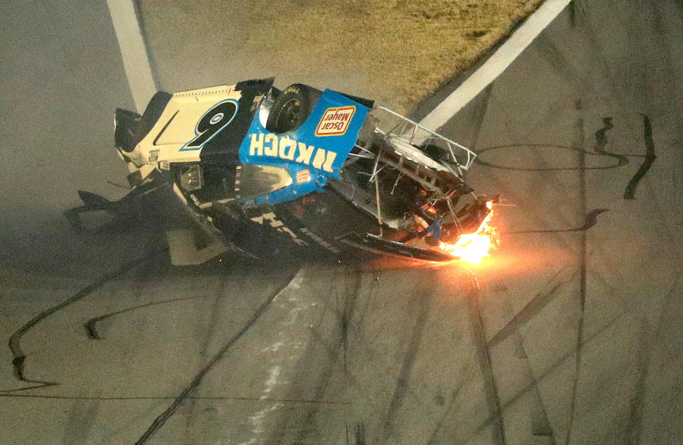 DAYTONA BEACH, FLORIDA - FEBRUARY 17:  Ryan Newman, driver of the #6 Koch Industries Ford, crashes and flips during the NASCAR Cup Series 62nd Annual Daytona 500 at Daytona International Speedway on February 17, 2020 in Daytona Beach, Florida. (Photo by Mike Ehrmann/Getty Images)