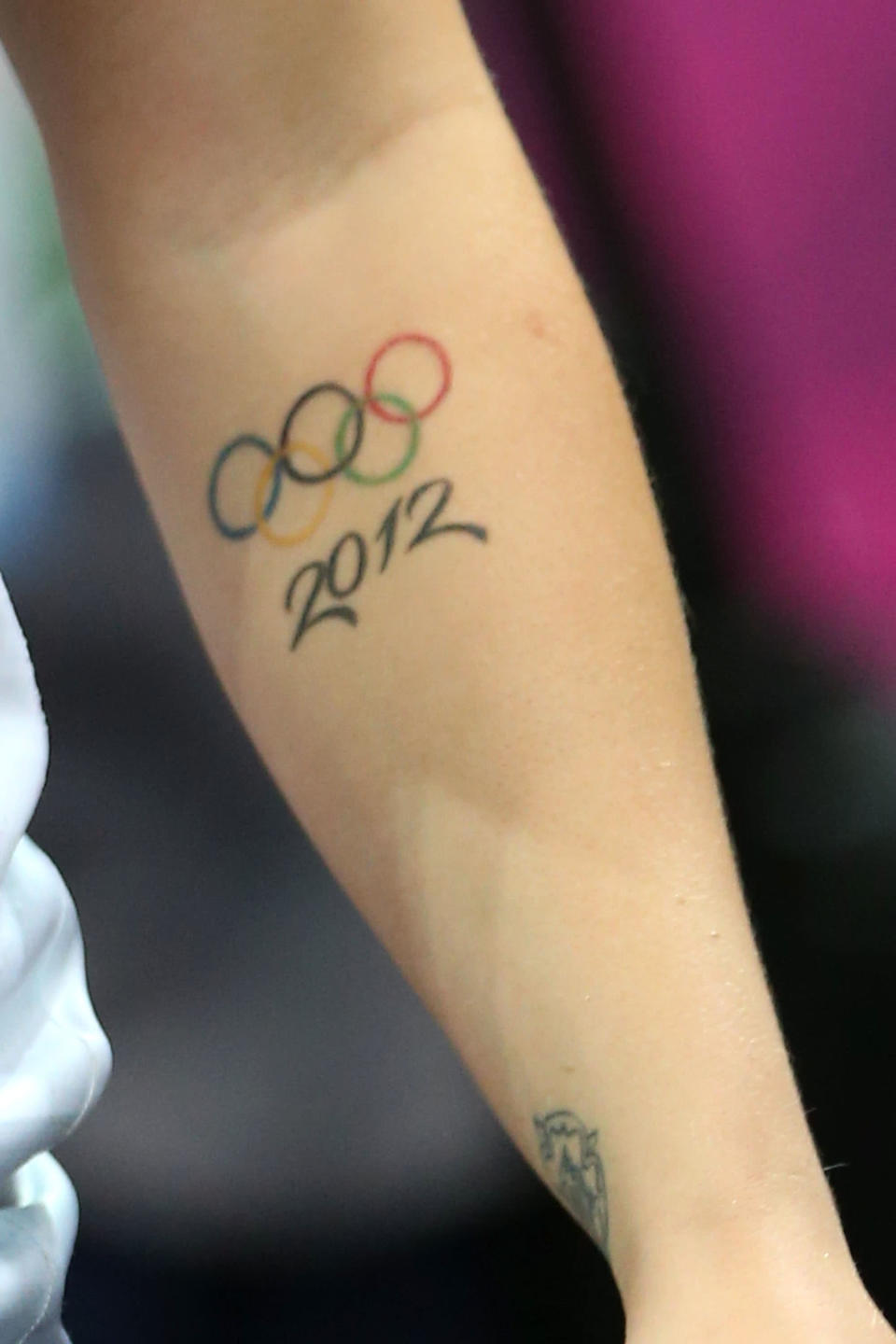 Detail photo of a 2012 Olympic tattoo on Kelsi Fairbrother of Great Britain during the Women's Handball Preliminaries Group A match between Great Britain and Brazil on Day 5 of the London 2012 Olympic Games at The Copper Box on August 1, 2012 in London, England. (Photo by Jeff Gross/Getty Images)