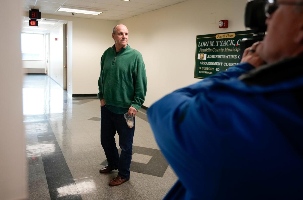 Feb 12, 2024; Columbus, Ohio, United States; Art Schlichter, former OSU quarterback, waits for the elevators after he was was dismissed form appearing for arraignment on cocaine possession charges in Franklin County Municipal Court.