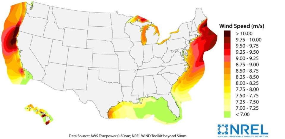 Some of the strongest offshore wind power potential in the U.S. is in areas where the water is too deep for fixed turbines, including off the West Coast. <a href="https://www.energy.gov/eere/articles/computing-america-s-offshore-wind-energy-potential" rel="nofollow noopener" target="_blank" data-ylk="slk:NREL;elm:context_link;itc:0;sec:content-canvas" class="link ">NREL</a>