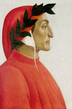 Portrait of Dante in side profile, wearing red robes.