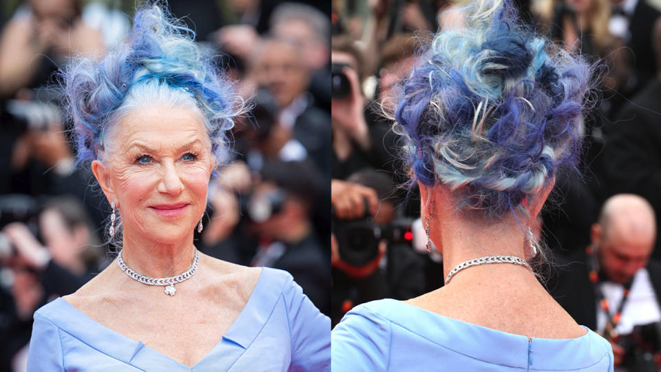 <span><span>Helen Mirren with blue mermaid hair. <em>Credit: Shootpix/ABACA/Shutterstock and Matt Baron/BEI/Shutterstock</em></span></span>