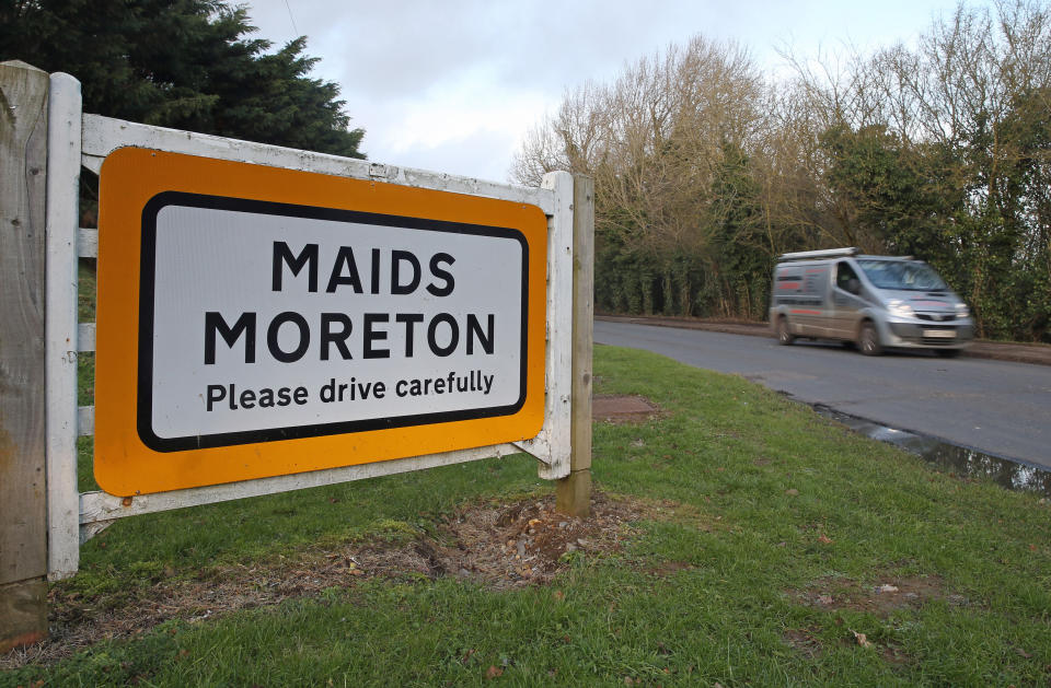 A sign for Maids Moreton, near Buckingham, Buckinghamshire, after police launched a murder investigation into the deaths of two elderly residents, Peter Farquhar and Ann Moore-Martin, of the village who died more than a year-and-a-half apart.