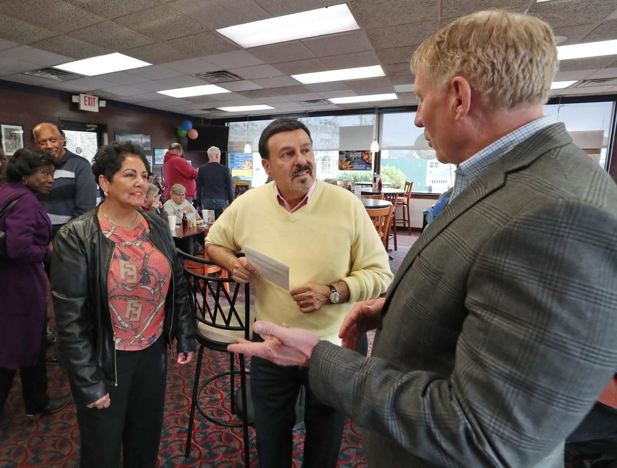 Maridsa and her husband Ben Vittoria, who's retiring from Arthur Treacher's after working for the company for 47 years, talks with Cuyahoga Falls Mayor Don Walters at Vittoria's retirement party at the restaurant on Friday, April 19, 2024. Vittoria owned the State Road location since 1988 and worked for Arthur Treacher's in other states before that.
Vittoria has sold the Falls restaurant, which celebrated its 50th anniversary in 2022, to developer George Simon.