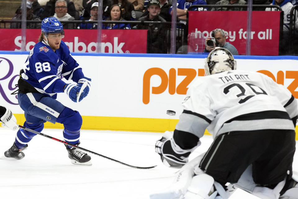 Toronto Maple Leafs' William Nylander shoots on Los Angeles Kings goaltender Cam Talbot during the second period of an NHL hockey game, Tuesday, Oct. 31, 2023 in Toronto. (Chris Young/The Canadian Press)