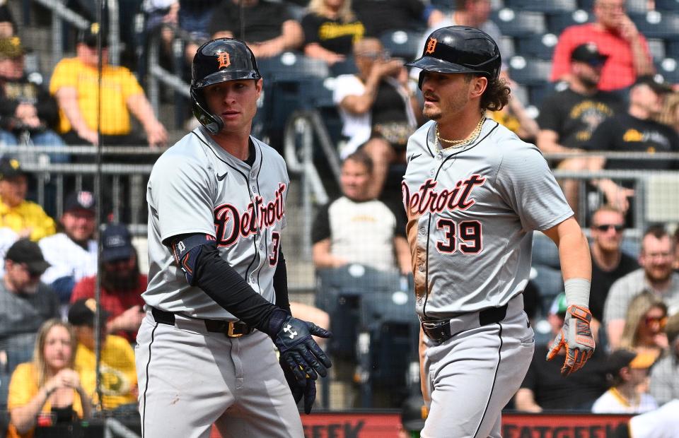 Detroit Tigers' Zach McKinstry, right, celebrates with Colt Keith after scoring in the ninth inning of the 5-3 win against the Pittsburgh Pirates at PNC Park on April 9, 2024 in Pittsburgh.