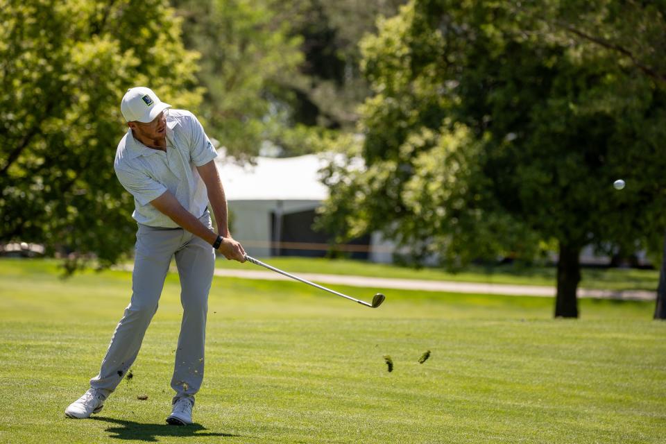 Mitchell Schow hits from the fairway during the Utah Championship, part of the PGA Korn Ferry Tour, at Oakridge Country Club in Farmington on Saturday, Aug. 5, 2023. | Spenser Heaps, Deseret News