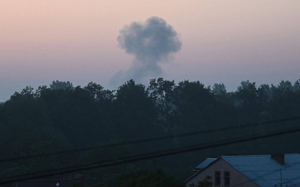 A cloud of smoke after a night drone strike in the western Ukrainian city of Lviv