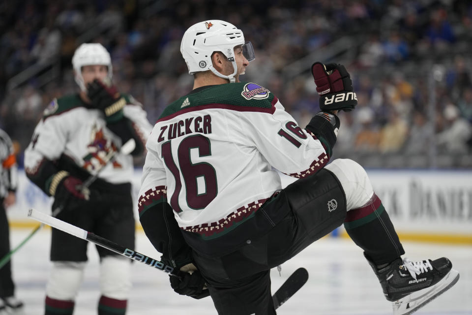 Arizona Coyotes' Jason Zucker (16) celebrates after scoring during the third period of an NHL hockey game against the St. Louis Blues Thursday, Oct. 19, 2023, in St. Louis. (AP Photo/Jeff Roberson)