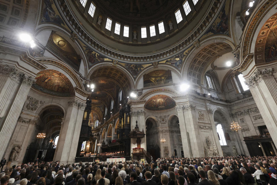 Members of the public attend a Service of Prayer and Reflection, following the passing of Britain's Queen Elizabeth II, at St Paul's Cathedral in London, Friday Sept. 9, 2022. (Paul Childs/Pool via AP)