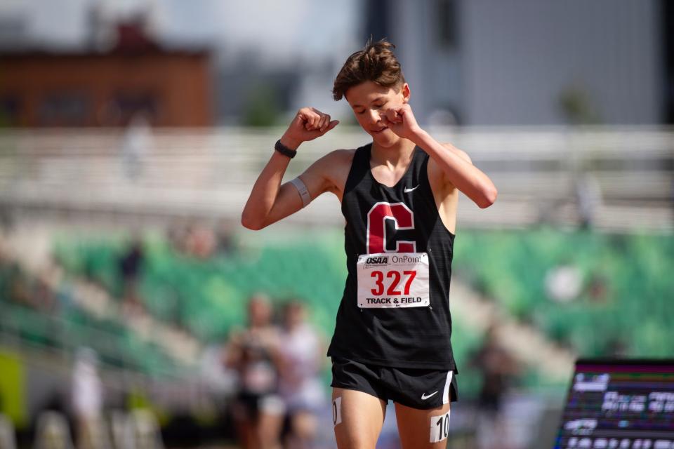 Central’s Ty Cirino celebrates after finishing the 5A 3,000 meters during day two of the OSAA State Track and Field Championships Friday, May 17, 2024 at Hayward Field in Eugene, Ore.