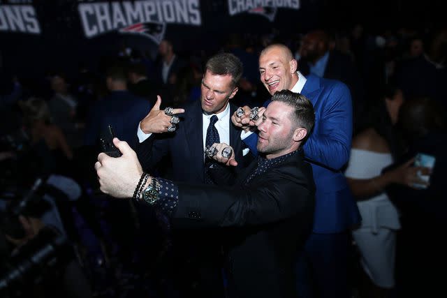 <p>Apple TV+</p> Tom Brady, Rob Gronkowsi and Julian Edelman in The Dynasty: New England Patriots