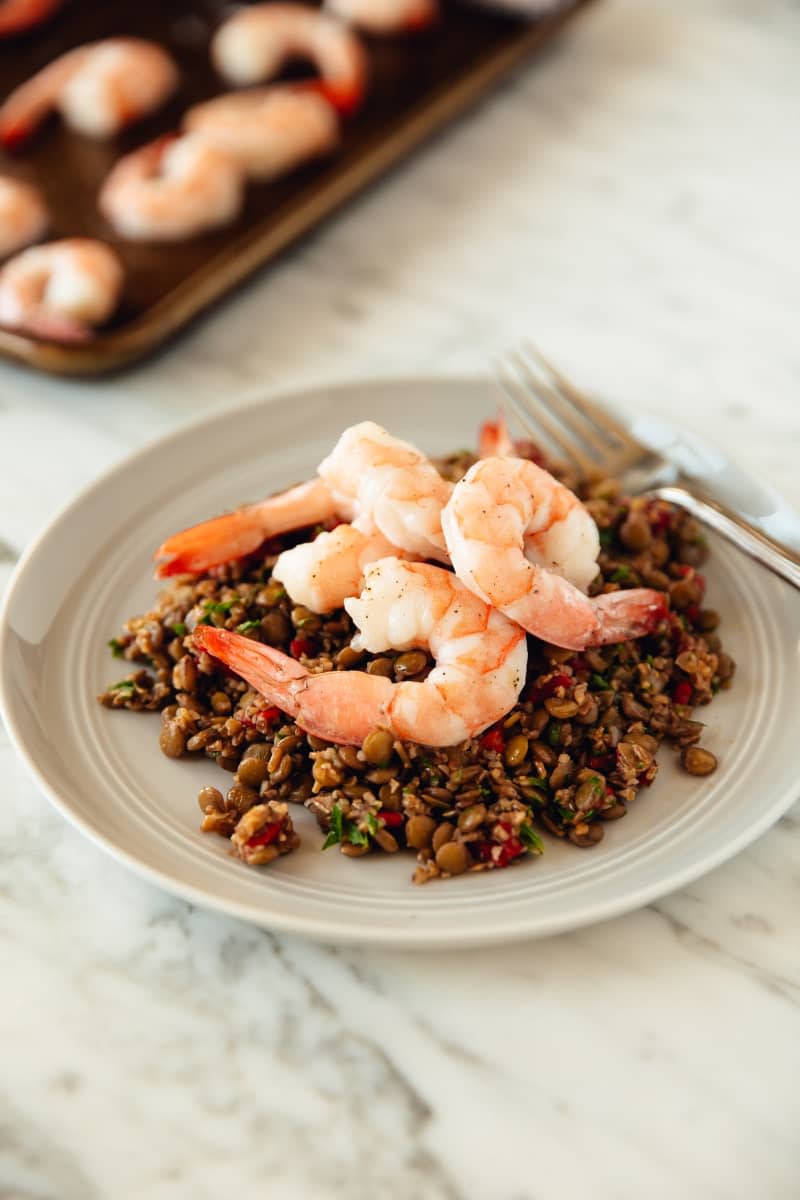 Bulgur and Lentil Salad with Roasted Shrimp