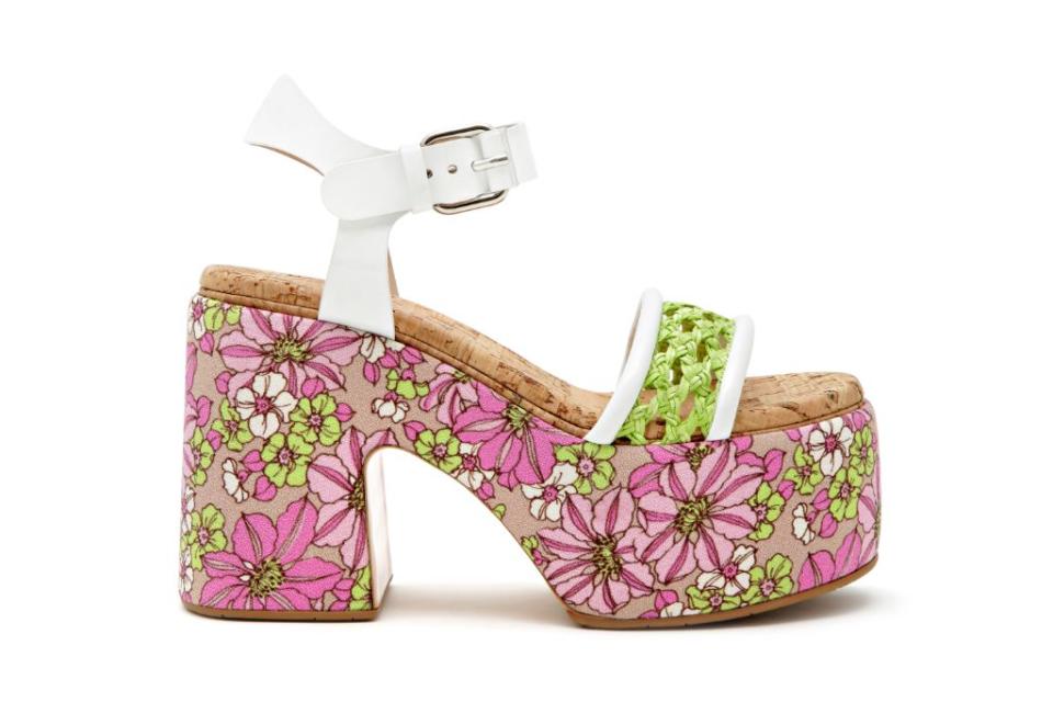 Casadei’s floral platform sandals, which utilize an archival print and a Global Recycled Standard-approved sustainable process from heritage textile brand Mantero Sera.