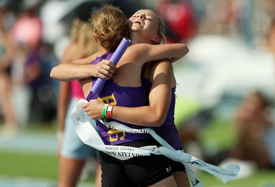 North Summit runners hug as they win the 4x400m race as High School athletes gather at BYU in Provo to compete for the state track and field championships on Saturday, May 20, 2023. | Scott G Winterton, Deseret News