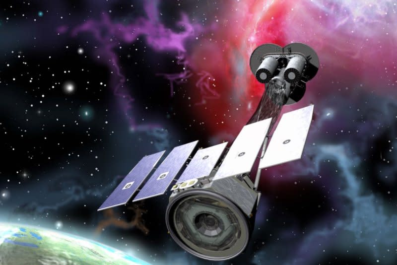 An illustration depicts NASA's IXPE satellite pointed at a nebula in space with three identical X-ray optics imagers at top, sensors at bottom and solar arrays. Collaborating with the Italian Space Agency, the NASA team launched it into orbit 372 miles above the Earth in 2021. Illustration courtesy of NASA