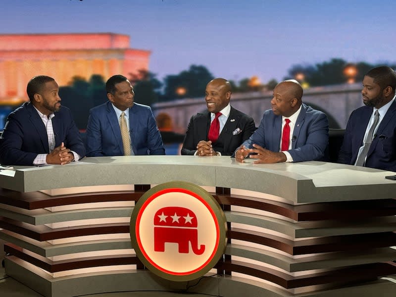 From left to right: Rep. John James, R-Mich., Rep. Burgess Owens, R-Utah, Rep. Wesley Hunt, R-Texas, Sen. Tim Scott, R-C., and Rep. Byron Donalds, R-Fla., where a video series is being shot, 'America's Starting Five', which questions what it means to be a black Republican.