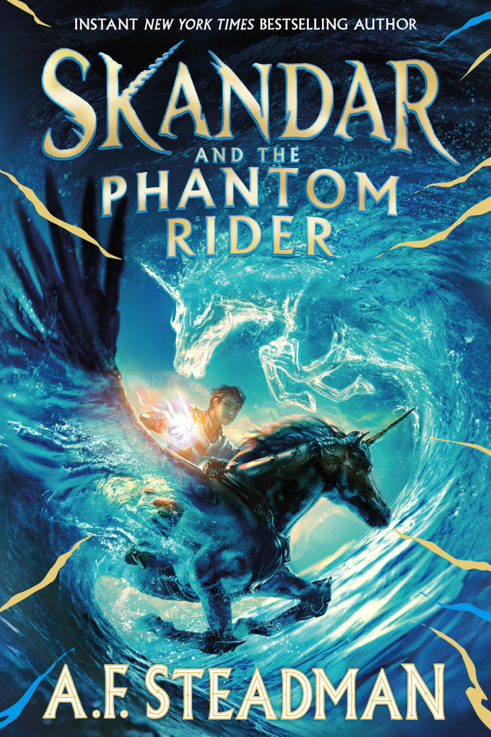 The cover for Skandar and the Phantom Rider shows the titular hero riding a unicorn through a wave