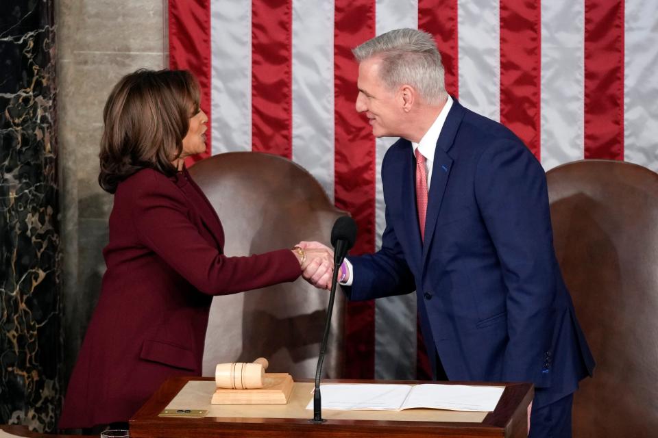 Vice President Kamala Harris takes her place beside Speaker of the House Kevin McCarthy (AP)