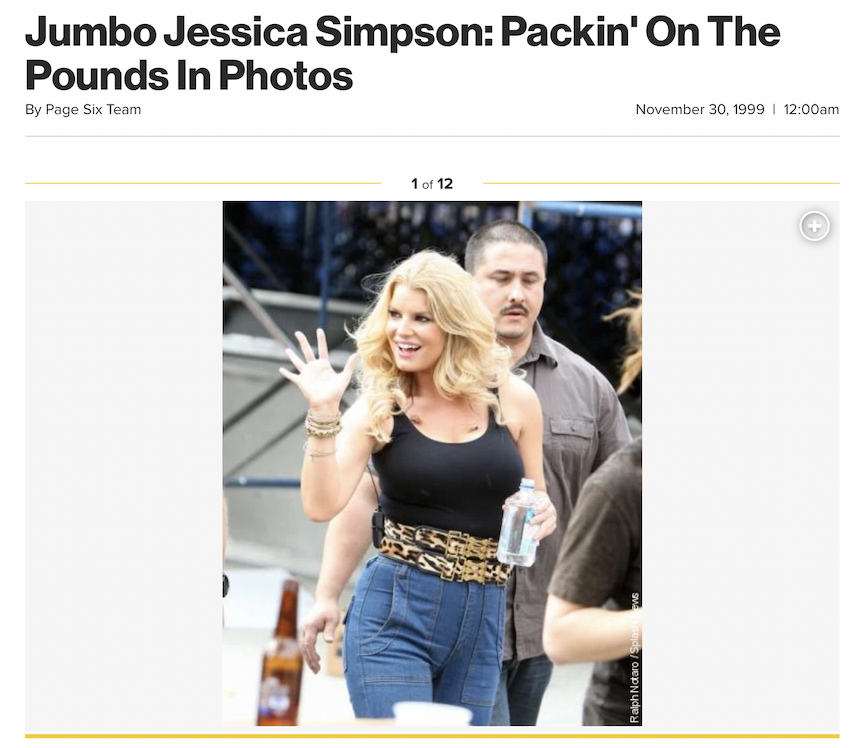 An article with the image of Jessica Simpson waving at a concert, and the headline: Jumbo Jessica Simpson Packin' On The Pounds
