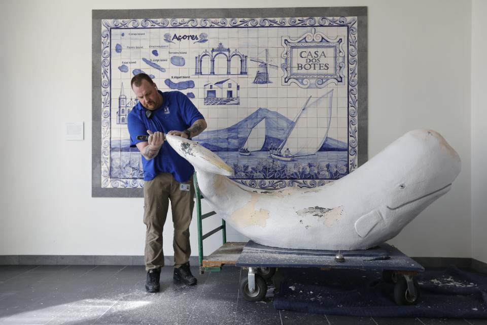 Robert Burchell scrapes the paint from the small white whale, which is usually found at the entrance to the Whaling Museum, before putting on a fresh coat of paint in this Standard Times file photo. In the background is a set of tiles depicting various Azorean islands and the iconic boats made there.