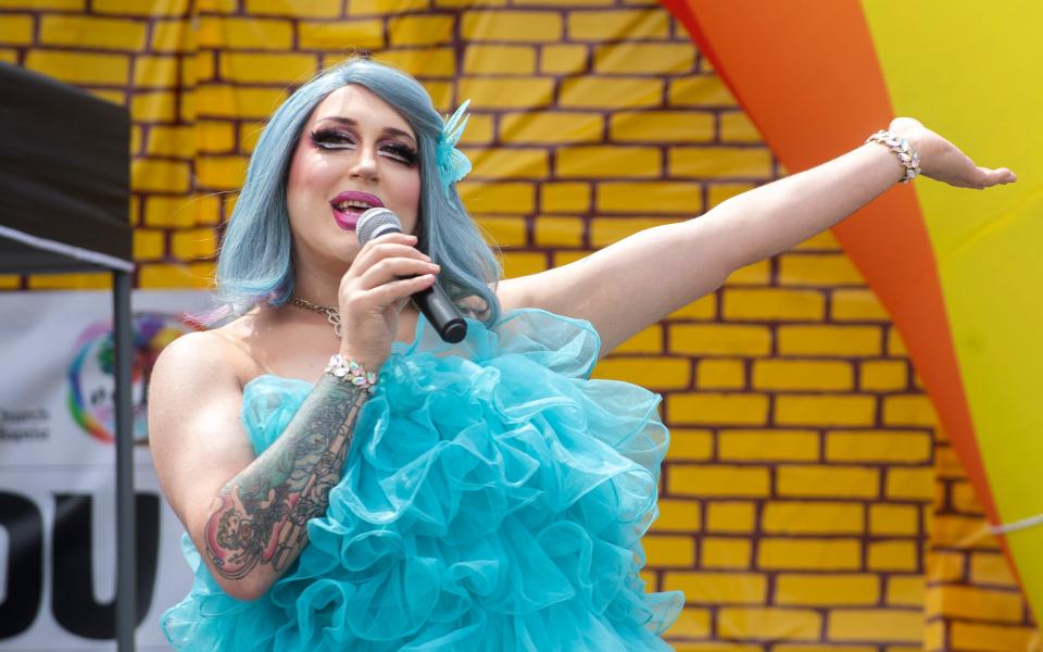 Drag performer Rubix Q Arcana emcees the 3rd annual Lodi Pride Festival at the High Water Brewery in Lodi on Saturday, June 10, 2023.