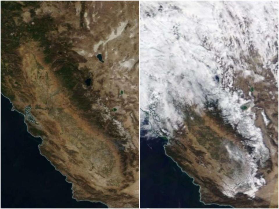 Satellite images show California on 16 and 26 October, revealing snow brought to the state by an atmospheric river (NASA)