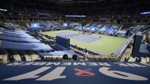 Alexander Zverev, of Germany, serves to Pablo Carreno Busta, of Spain, during a men's semifinal match of the US Open tennis championships, Friday, Sept. 11, 2020, in New York. (AP Photo/Frank Franklin II)